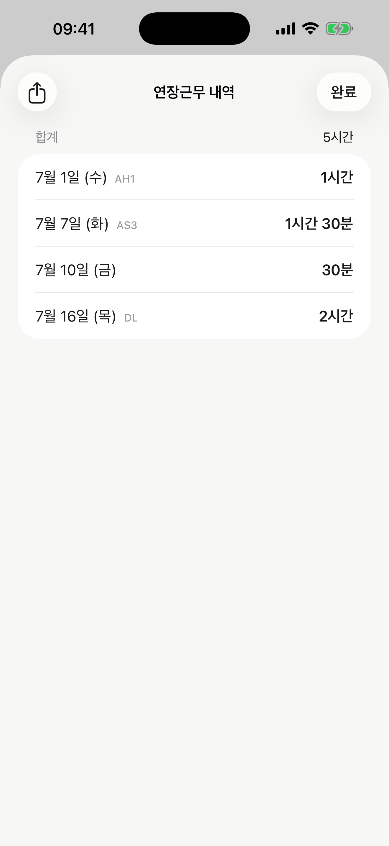 날짜별 연장근무 내역과 이달 합계