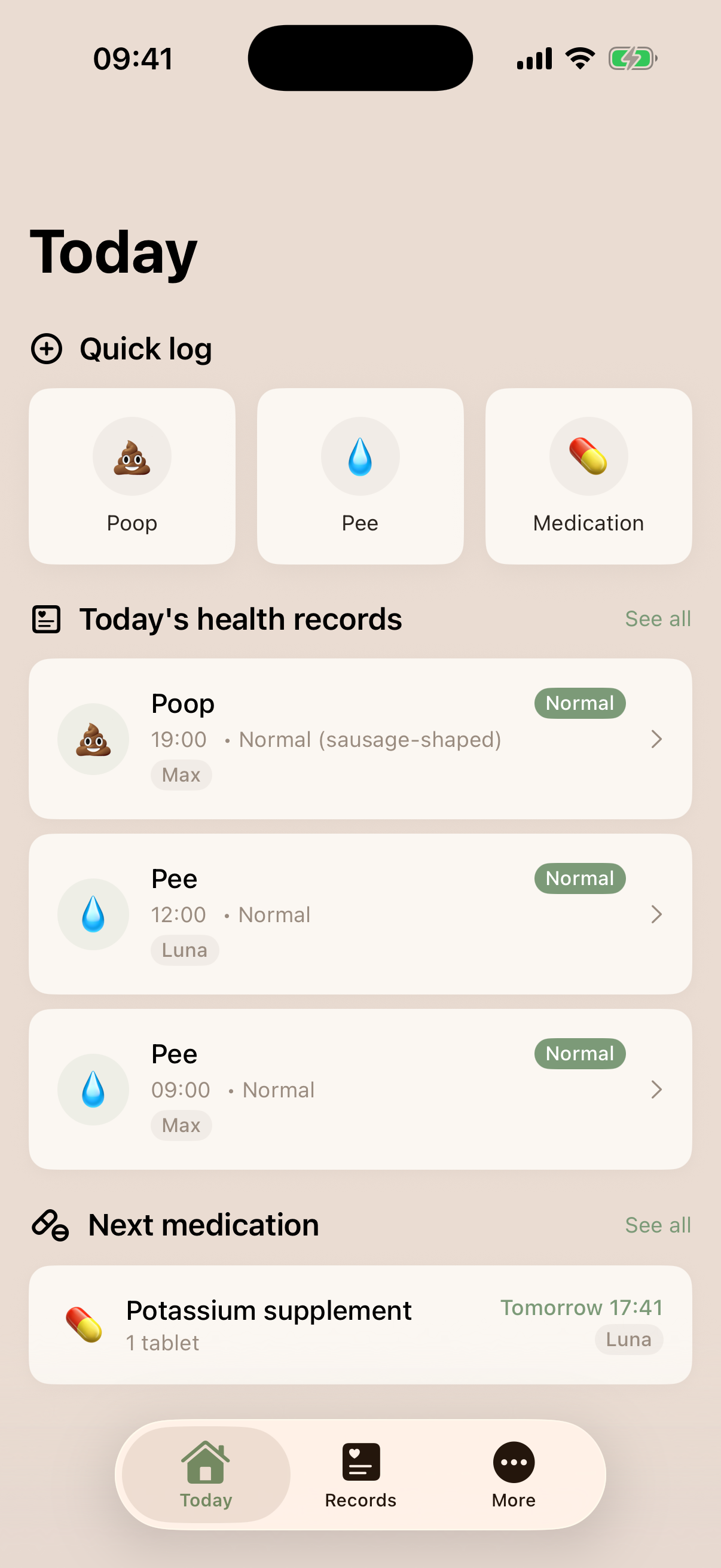 Meowstiny home screen showing today's cat health log