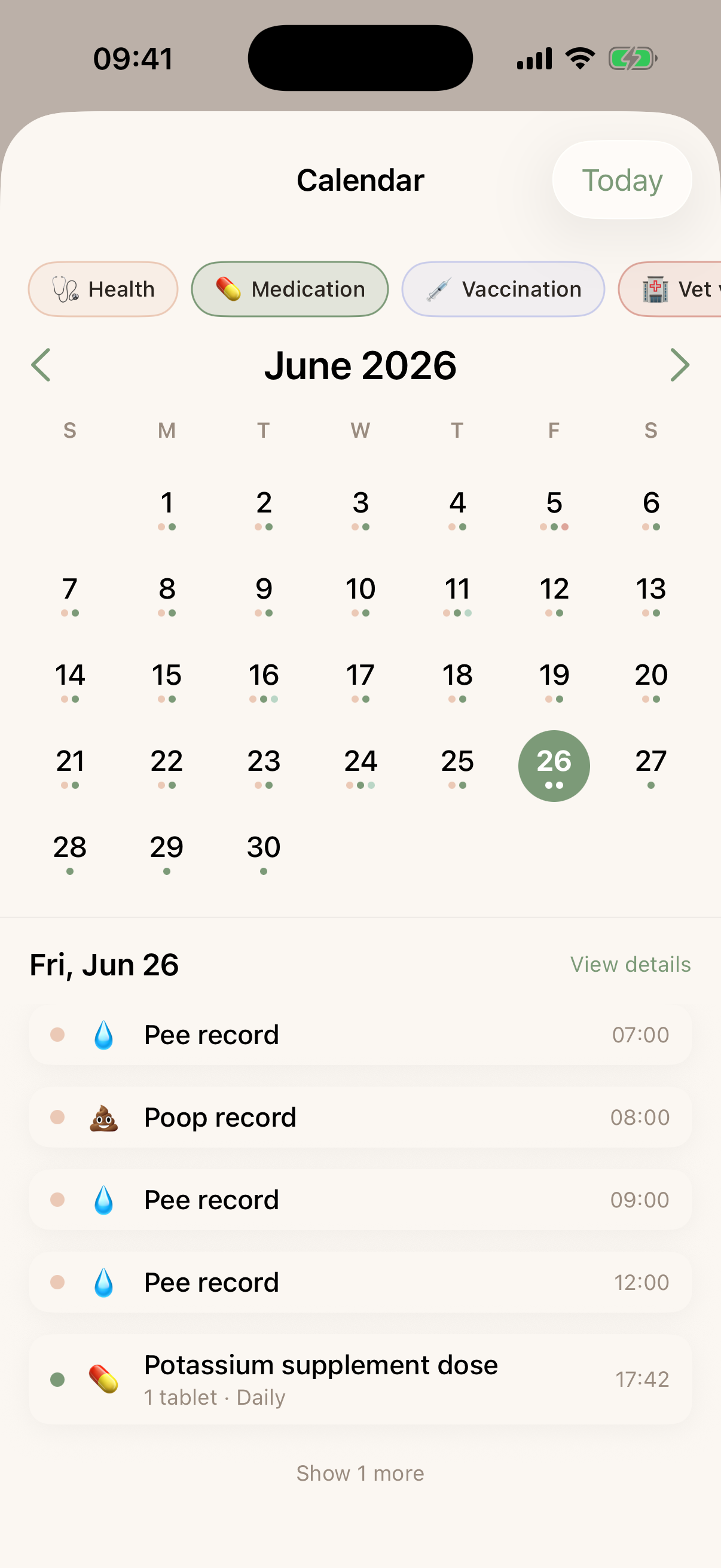 Unified monthly calendar of cat health records in Meowstiny