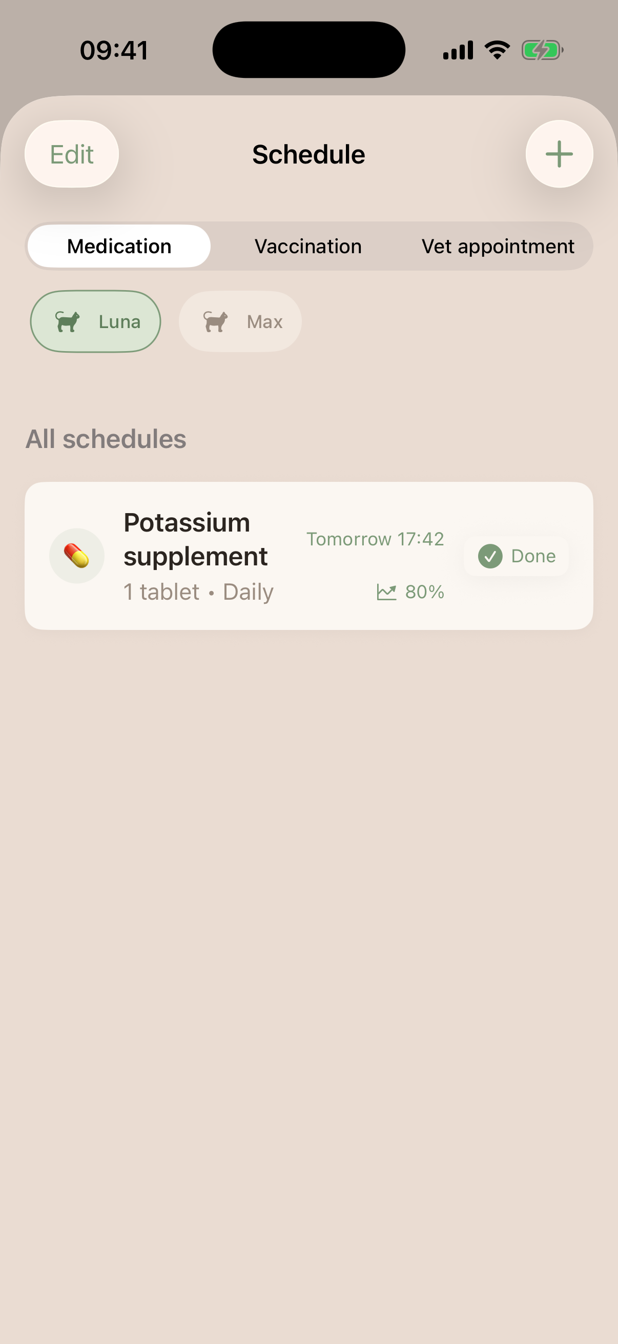 Medication scheduling and reminders in Meowstiny