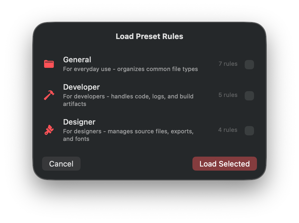 Preset selection panel in TidyBox
